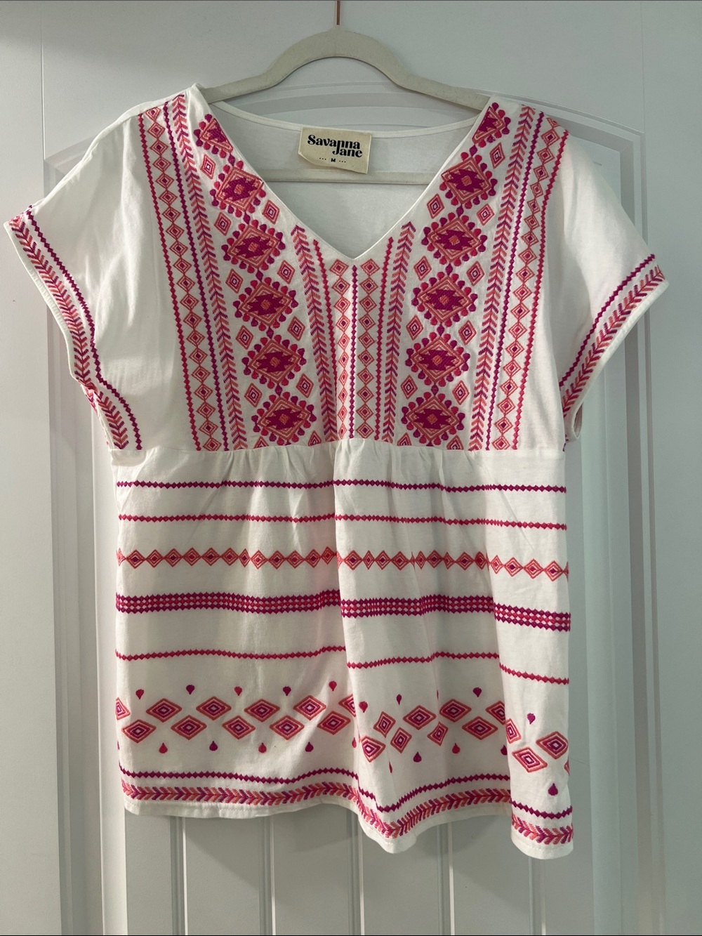 Savanna Jane White Top with Pink Embroidered Motifs